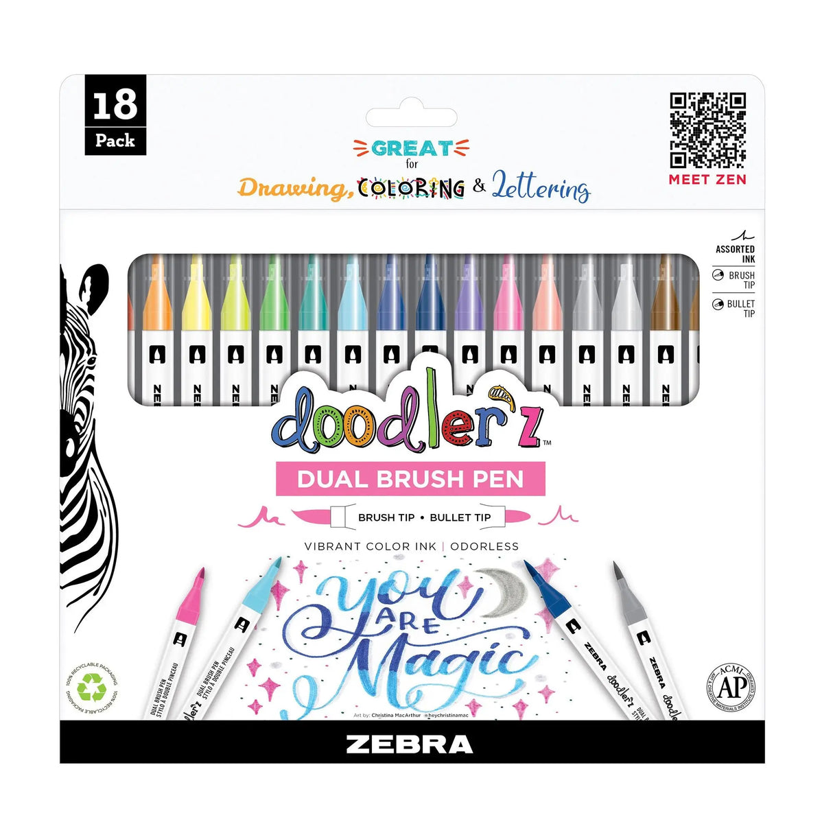 Doodler'z Dual Brush Pens (18 ct.) | Vibrant Assorted Colors for Art & Calligraphy Zebra Pen