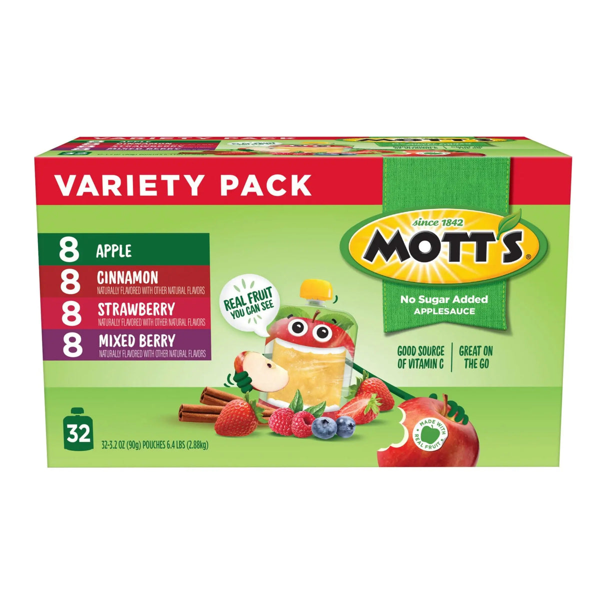 Mott's No Sugar Added Applesauce Variety Pack (32-Pack, 3.2 oz Each) | Fruit Pouches with No Added Sugar Mott's