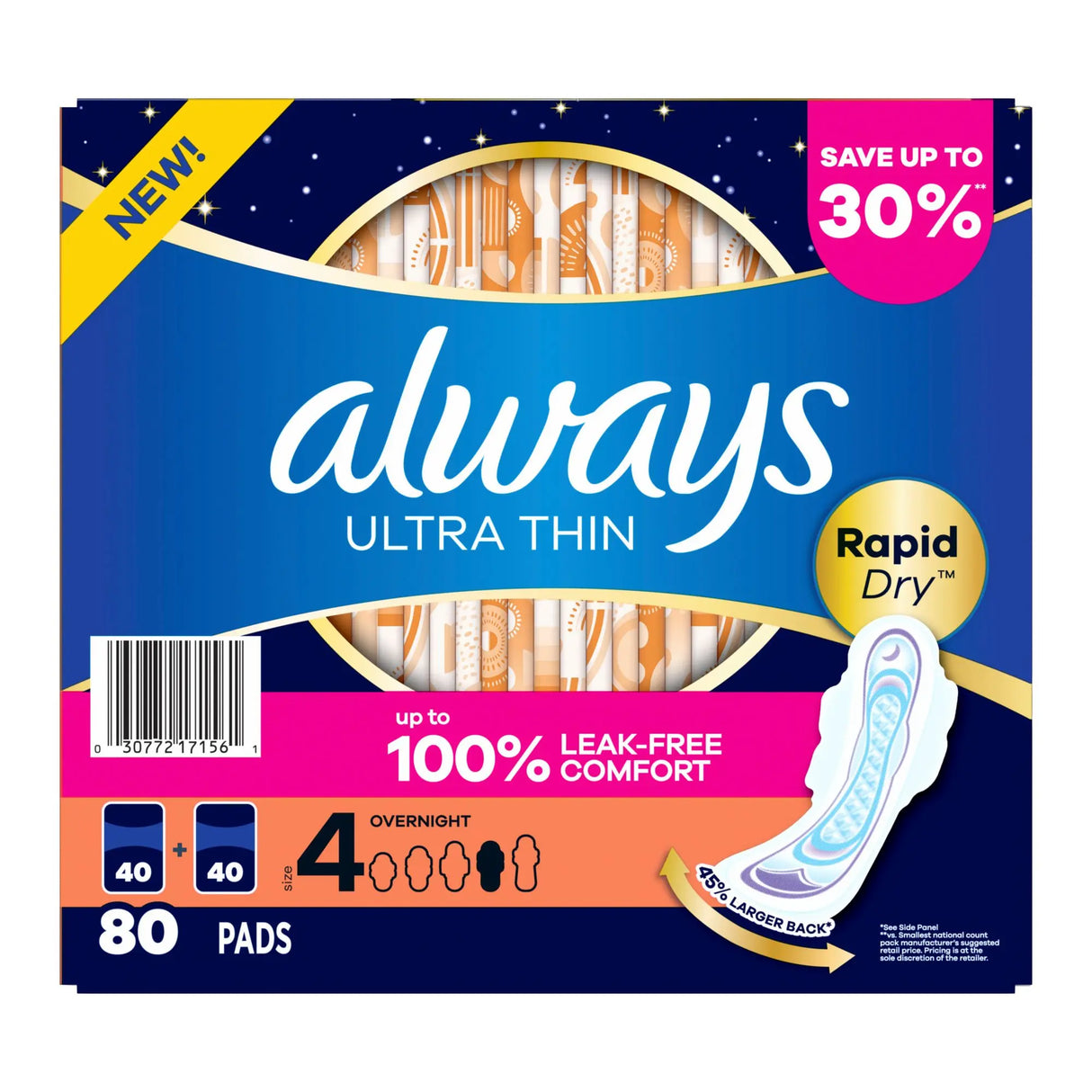 Always Ultra Thin Overnight Pads (80 ct., Size 4) | Unscented, Super Absorbency for Nighttime Use Always