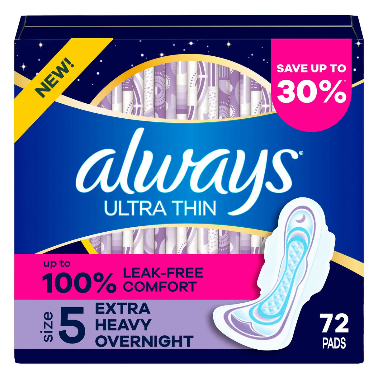 Always Ultra Thin Overnight Pads (Size 5, 72 ct.) | Extra Heavy Flow Protection with Wings Always
