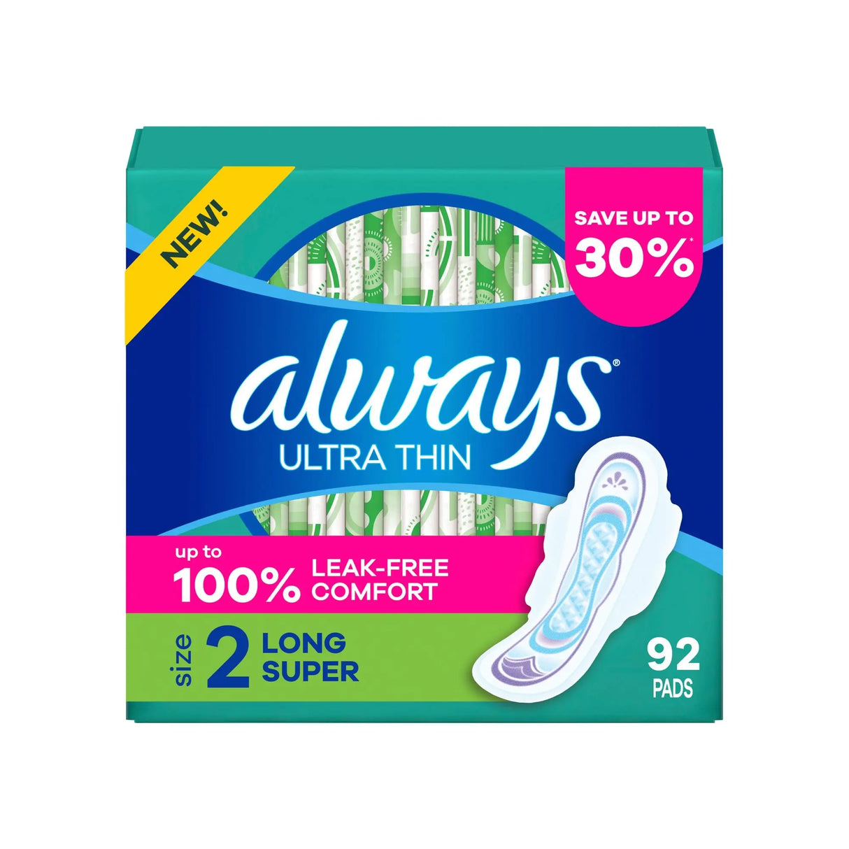 Always Ultra Thin Pads with Wings (92-Count, Size 2) | Long, Unscented Super Absorbency Protection Always