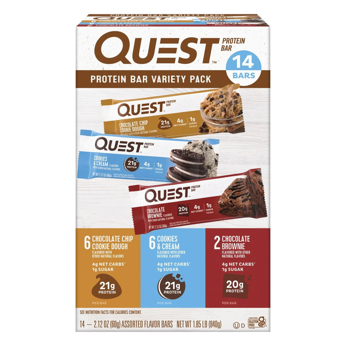 Quest Protein Bars Variety Pack (14-Pack, 2.12 oz Each) | 20g Protein with Chocolate & Peanut Butter Flavors Quest Nutrition