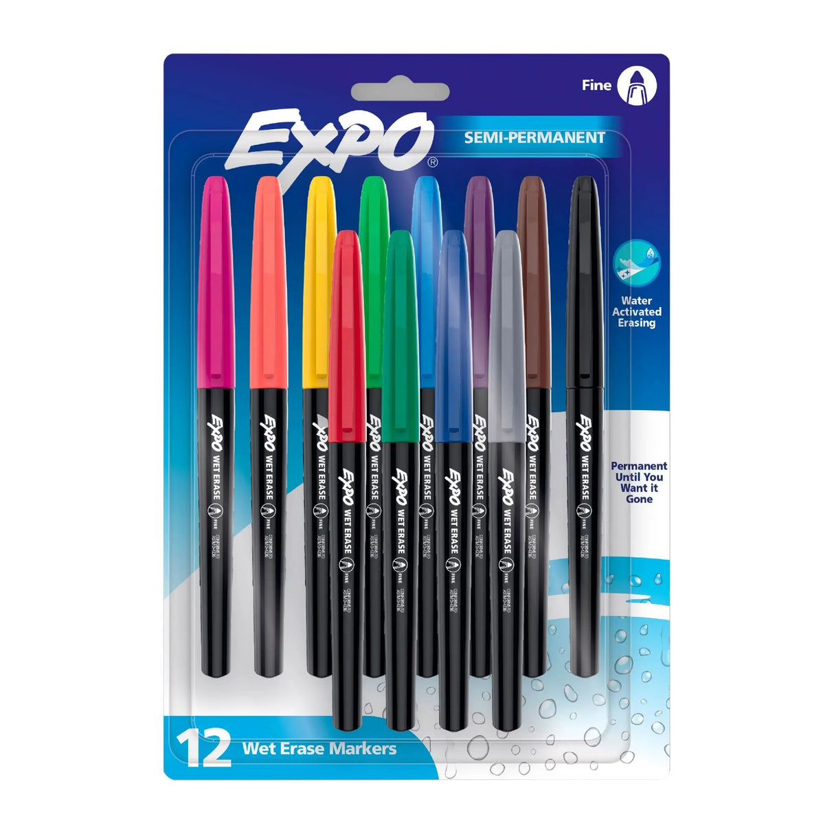 EXPO Wet Erase Fine Tip Markers (12-Pack, Assorted) | Semi-Permanent Ink for Whiteboards & Transparencies EXPO