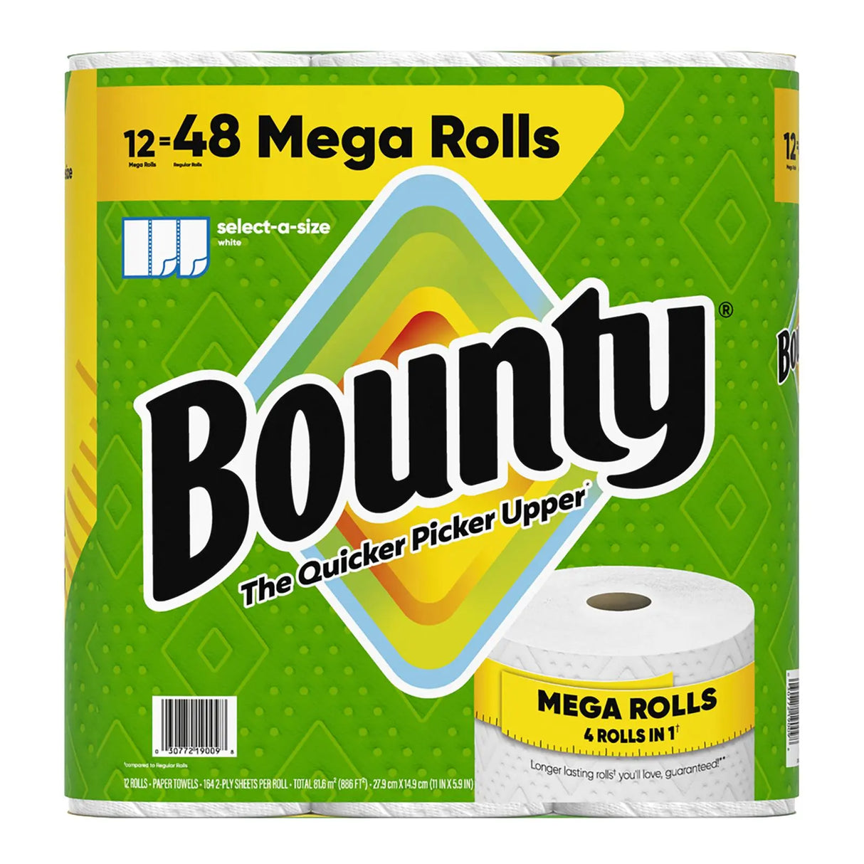 Bounty Mega Roll Paper Towels (12-Pack, 164 Sheets Each) | Select-a-Size · Powerful Clean Bounty