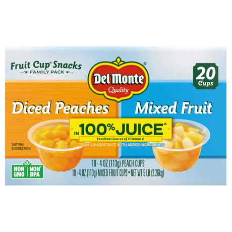 Del Monte Plastic Fruit Cup Variety Pack (20-Pack, 4 oz Each) | Mixed Fruit & Diced Peaches Snack Cups Del Monte