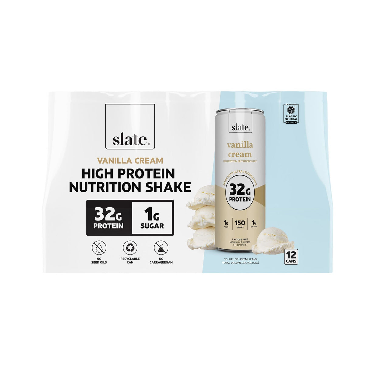 Slate Vanilla Cream Protein Shakes (12-Pack, 11 oz Each) | 32g Protein with Smooth, Creamy Taste Slate