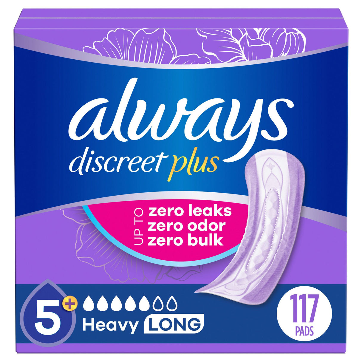Always Discreet Incontinence Pads – Long Length (117 ct.) | Heavy Absorbency for Women & Postpartum Use Always Discreet