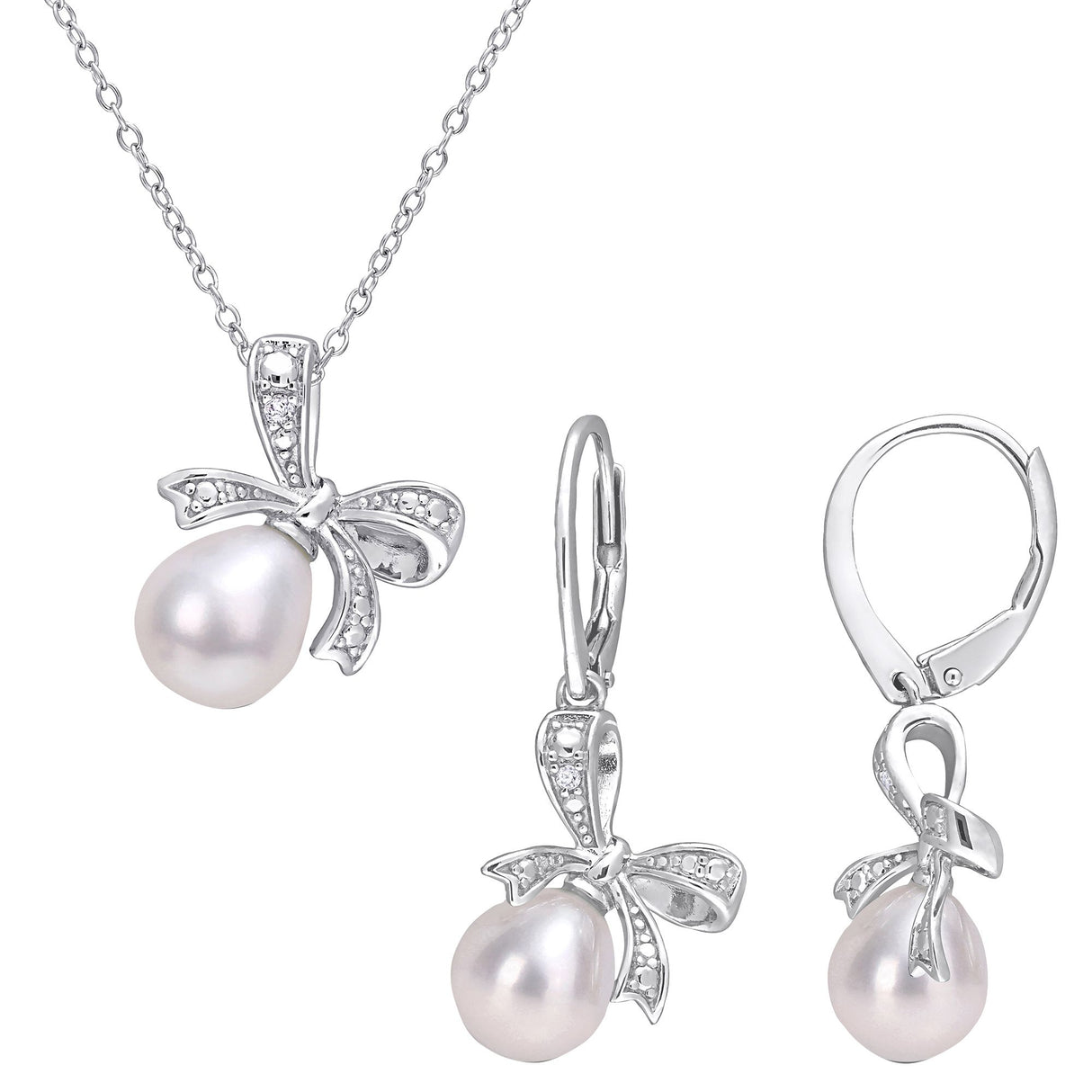 Pearl and diamond bow earrings and necklace set
