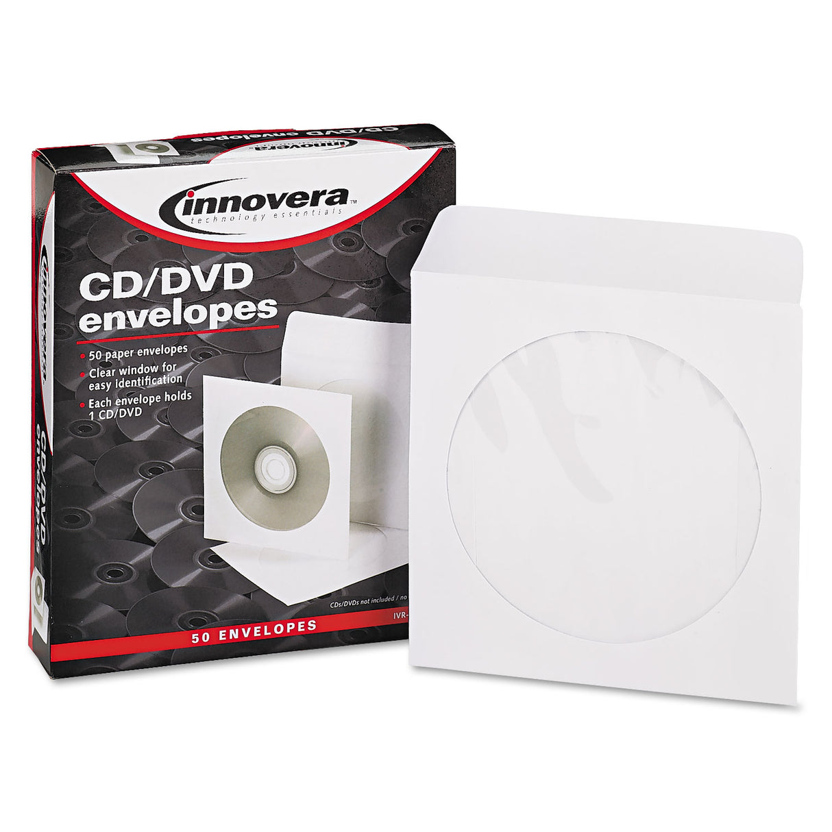 Innovera CD/DVD Envelopes, Clear Window, 1 Disc Capacity, White, 50/Pack (IVR39403)