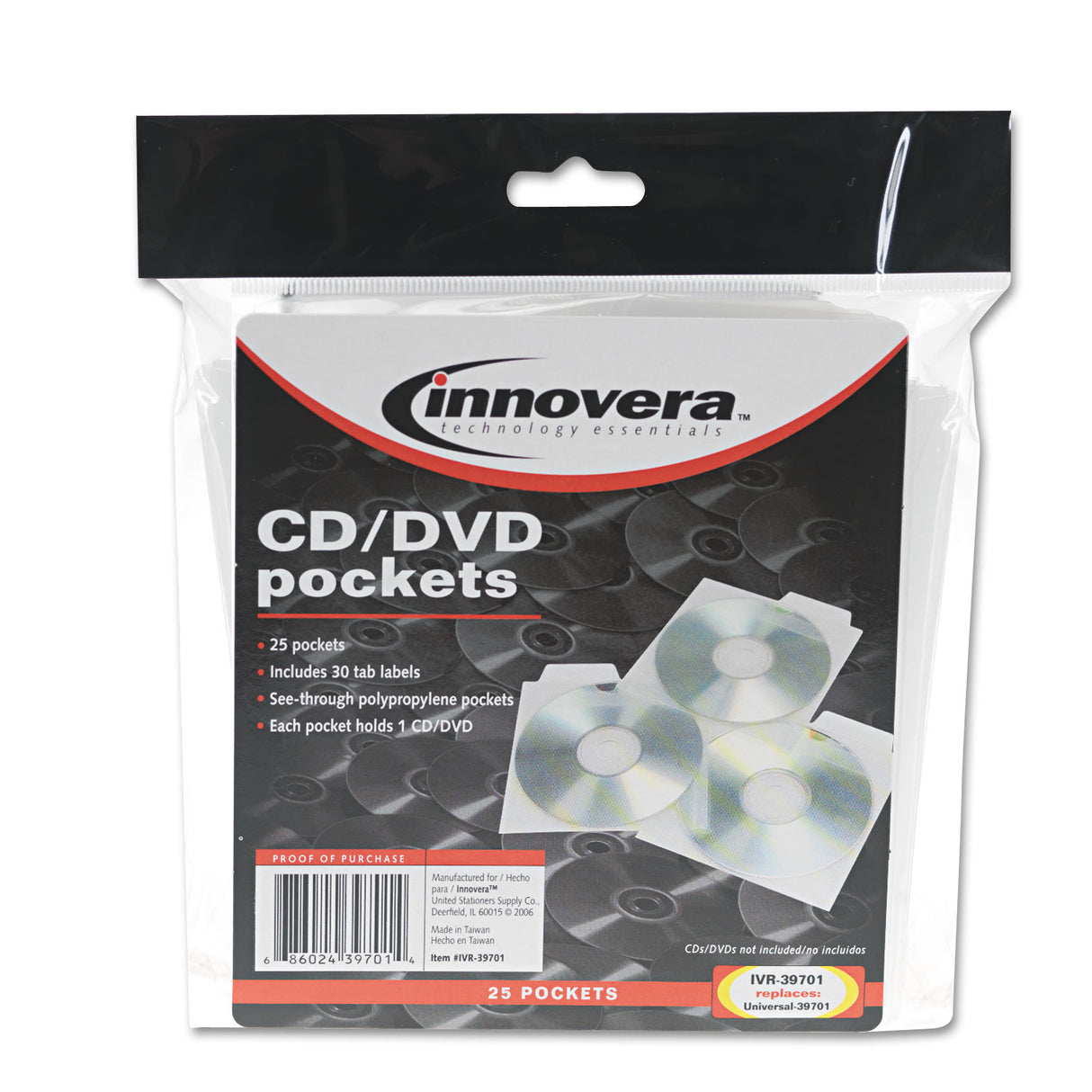 Innovera CD/DVD Pockets, 1 Disc Capacity, Clear, 25/Pack (IVR39701)