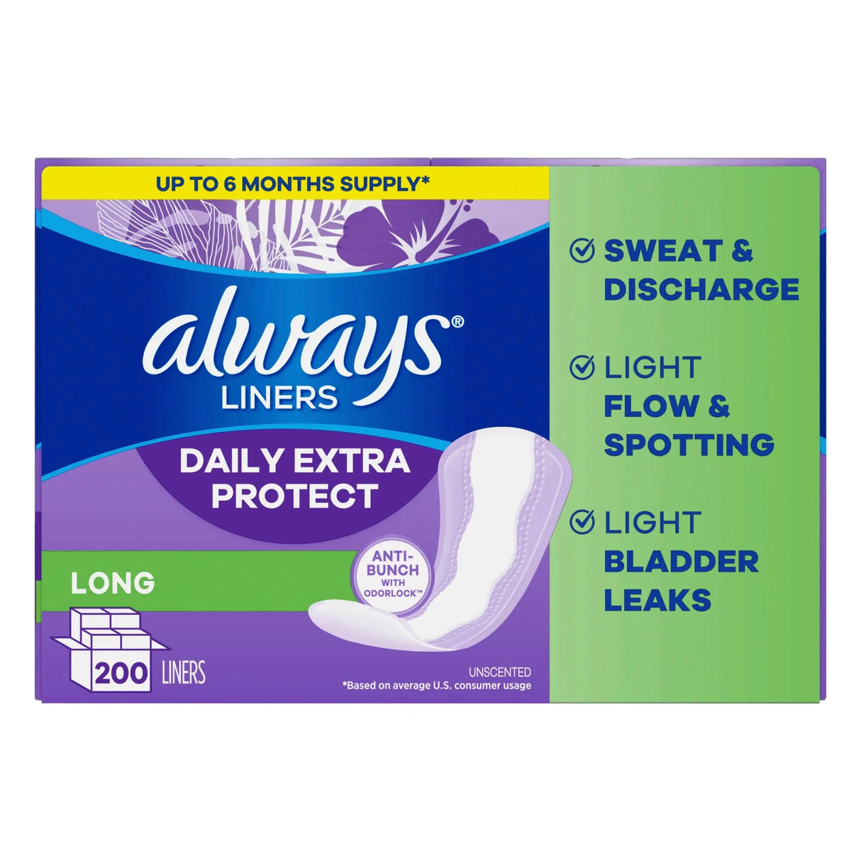 Always Extra Protect Panty Liners (200-Count) | Long, Unscented Daily Liners for Maximum Comfort Always