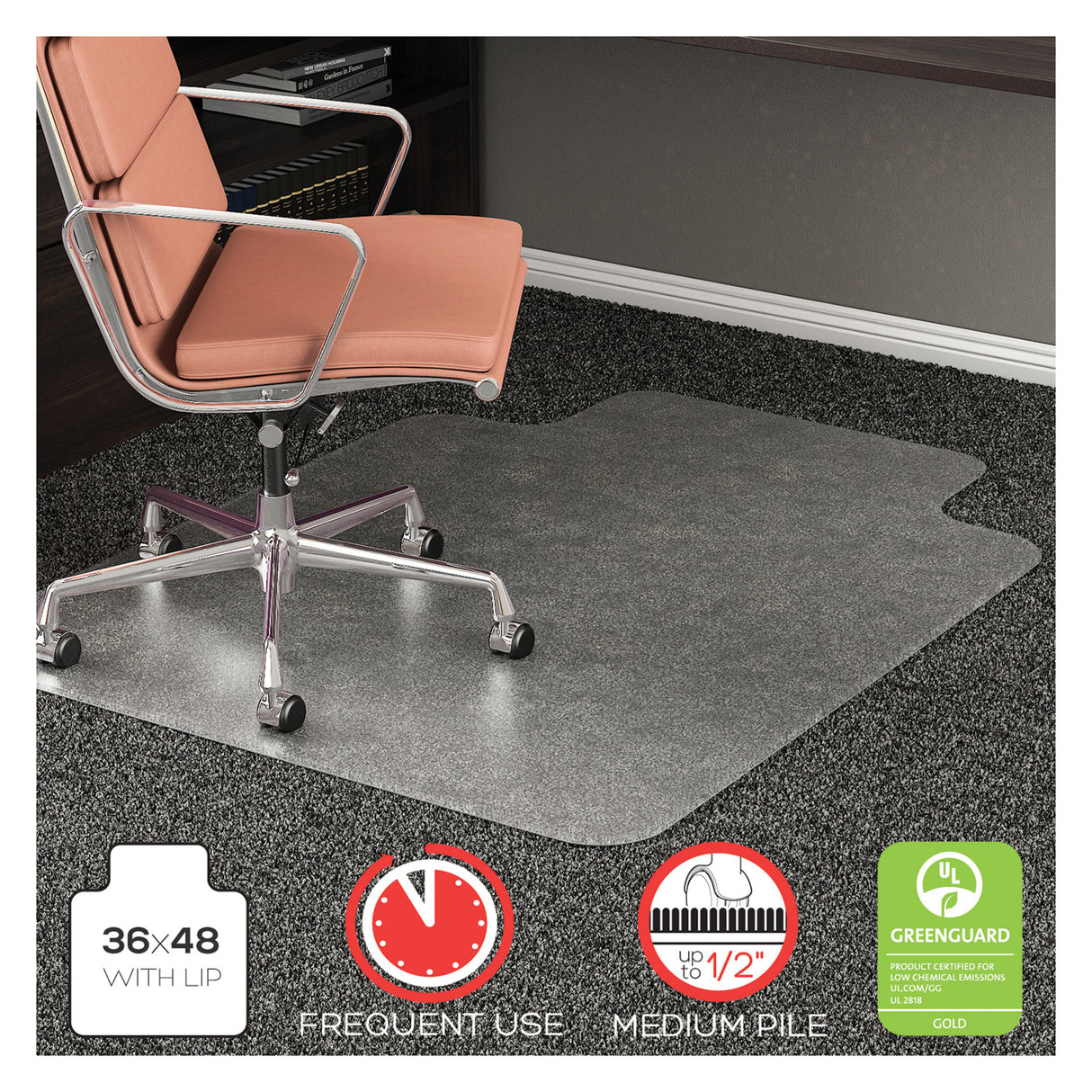 Deflecto RollaMat Frequent Use Chair Mat, Med Pile Carpet, Flat, 36 x 48, Lipped, Clear (CM15113)