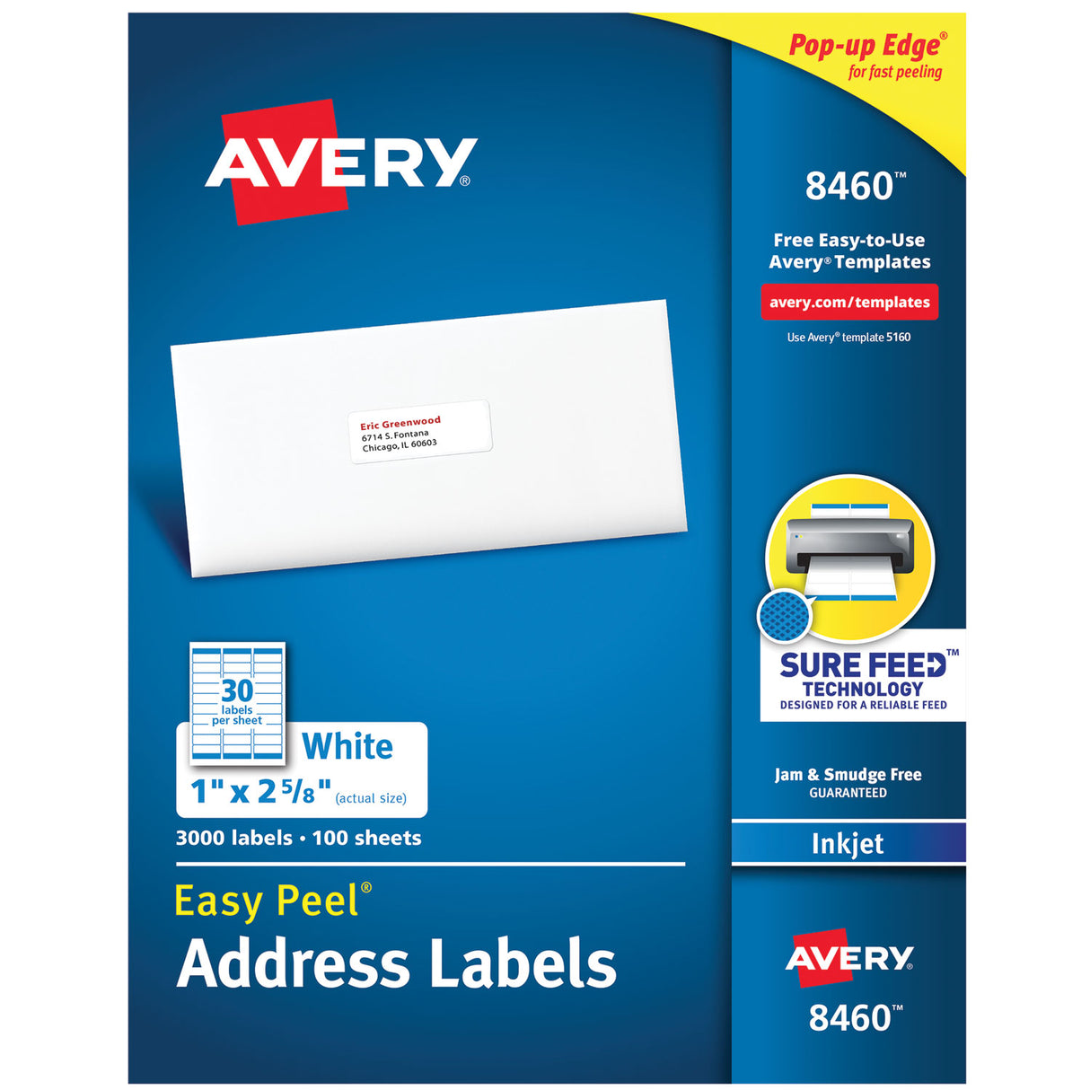 Avery Easy Peel White Address Labels w/ Sure Feed Technology, Inkjet Printers, 1 x 2.63, White, 30/Sheet, 100 Sheets/Box (8460)