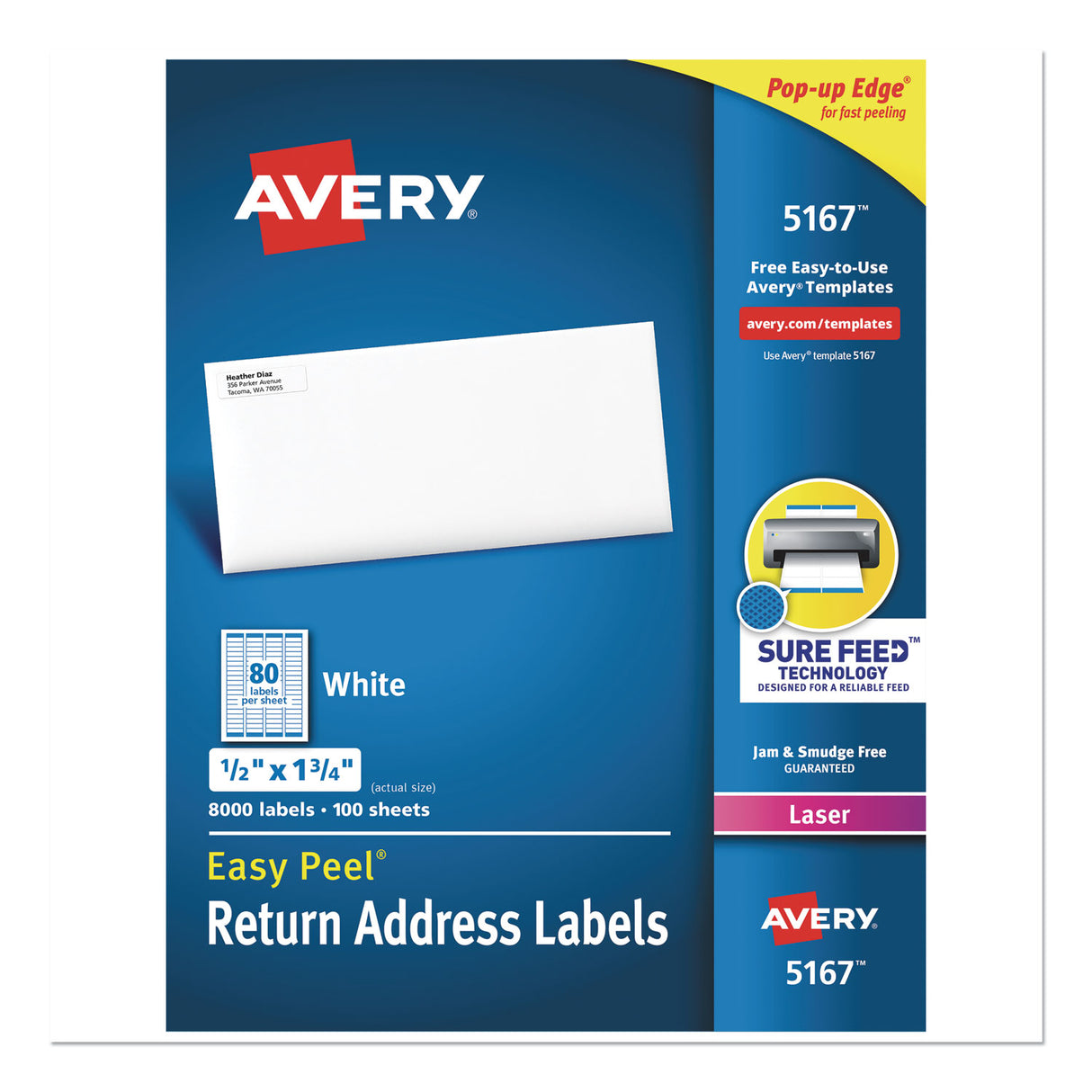 Avery Easy Peel White Address Labels w/ Sure Feed Technology, Laser Printers, 0.5 x 1.75, White, 80/Sheet, 100 Sheets/Box (5167)