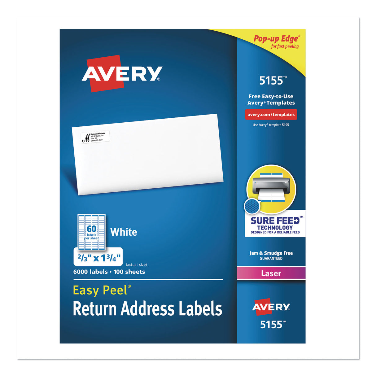 Avery Easy Peel White Address Labels w/ Sure Feed Technology, Laser Printers, 0.66 x 1.75, White, 60/Sheet, 100 Sheets/Pack (5155)