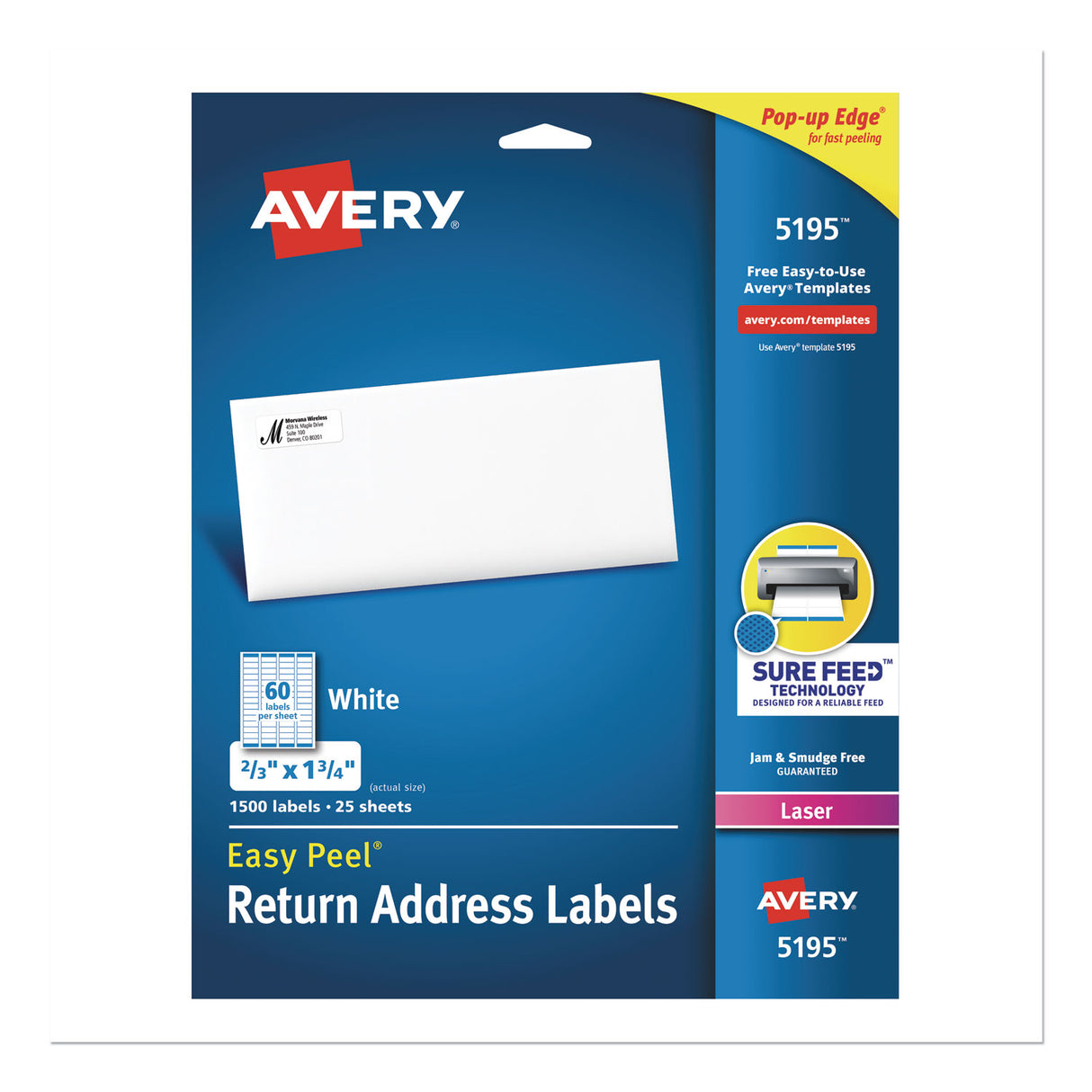 Avery Easy Peel White Address Labels w/ Sure Feed Technology, Laser Printers, 0.66 x 1.75, White, 60/Sheet, 25 Sheets/Pack (5195)