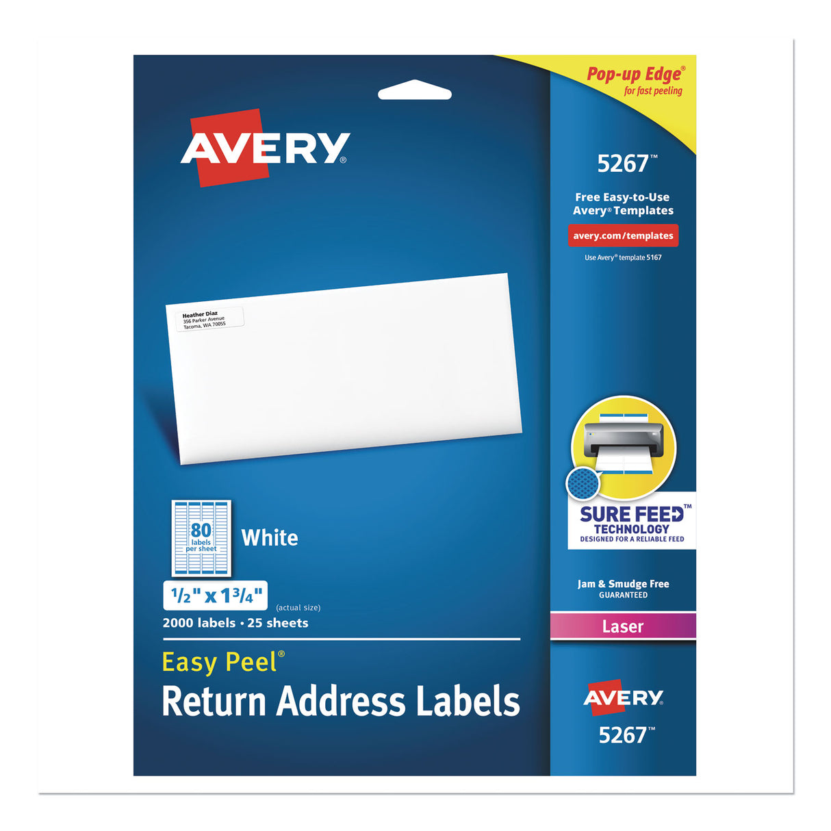 Avery Easy Peel White Address Labels w/ Sure Feed Technology, Laser Printers, 0.5 x 1.75, White, 80/Sheet, 25 Sheets/Pack (5267)