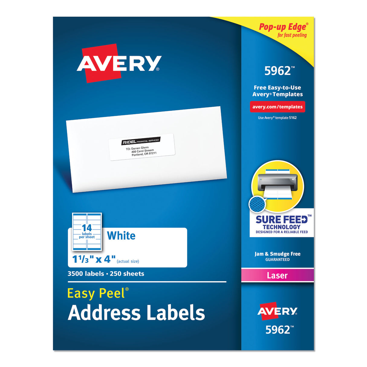 Avery Easy Peel White Address Labels w/ Sure Feed Technology, Laser Printers, 1.33 x 4, White, 14/Sheet, 250 Sheets/Box (5962)