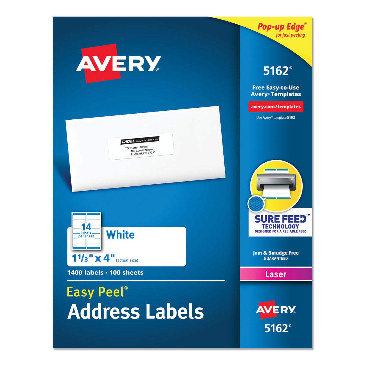 Avery Easy Peel White Address Labels w/ Sure Feed Technology, Laser Printers, 1.33 x 4, White, 14/Sheet, 100 Sheets/Box (5162)