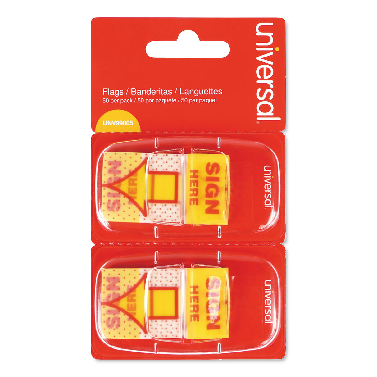 Universal Arrow Page Flags, "Sign Here", Yellow/Red, 50 Flags/Dispenser, 2 Dispensers/Pack (UNV99005)
