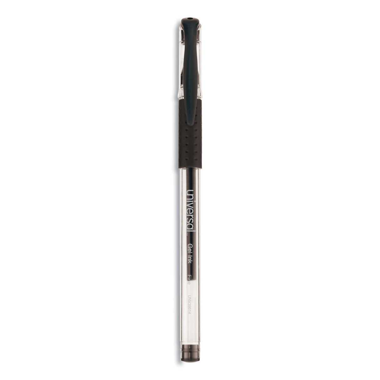 Universal Comfort Grip Gel Pen, Stick, Fine 0.5 mm, Black Ink, Clear/Black Barrel, Dozen (UNV39514)