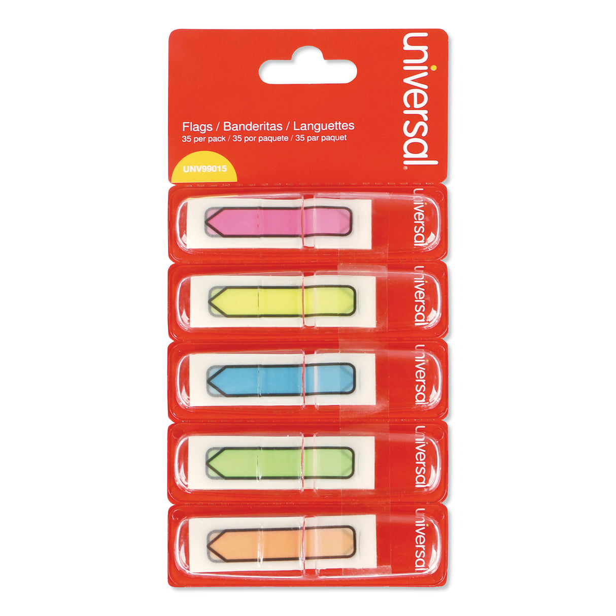 Universal Deluxe Pop-Up Page Flags, 0.5 x 1.75, Five Assorted Colors, 35 Flags/Dispenser, 5 Dispensers/Pack (UNV99015)