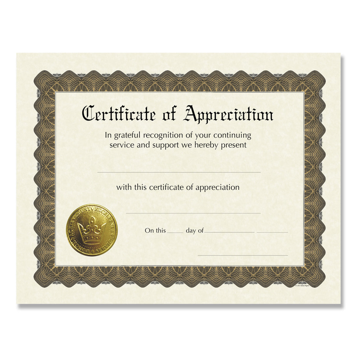Great Papers! Ready-to-Use Certificates, Appreciation, 11 x 8.5, Ivory/Brown/Gold Colors with Brown Border, 6/Pack (930000)