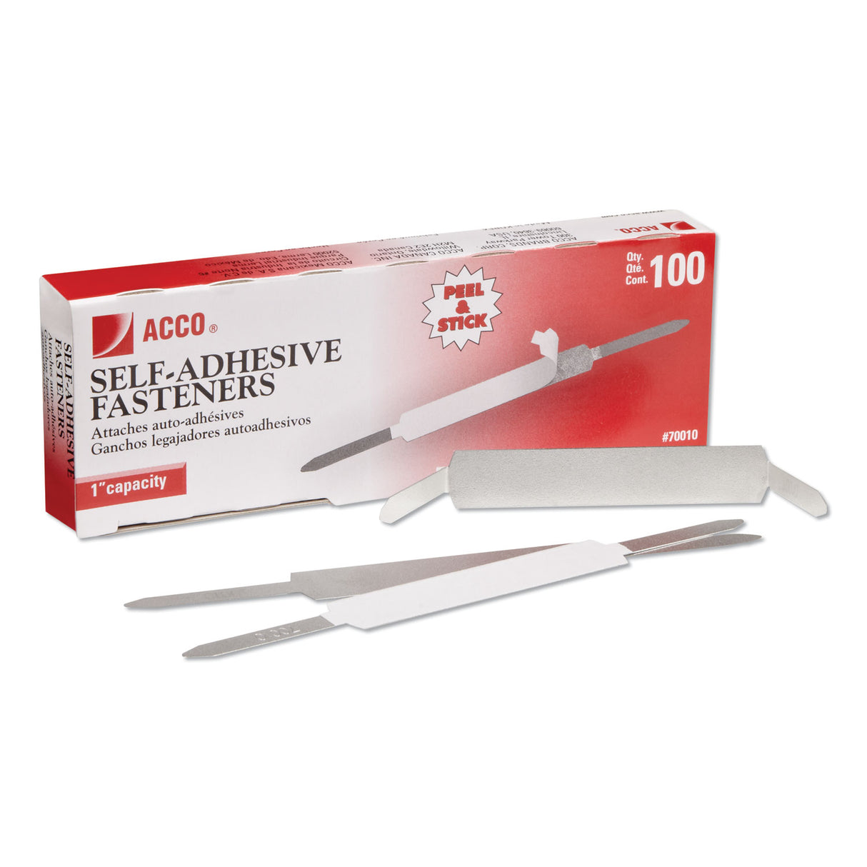 Acco Self-Adhesive Two-Prong Paper Fastener Bases, 1" Capacity, 2.75" Center to Center, Matte Steel, 100/Box (70010)