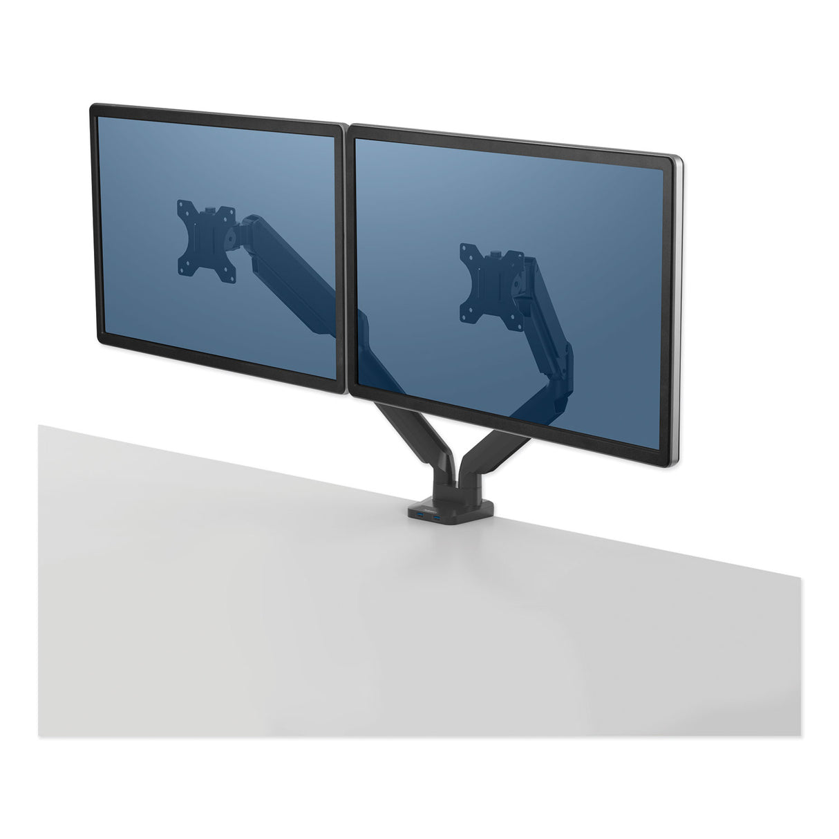 Fellowes Platinum Series Dual Monitor Arm for 27" Monitors, 360 deg Rotation, +85 deg/-20 deg Tilt, 360 deg Pan, Black, Supports 20 lb (8042501)