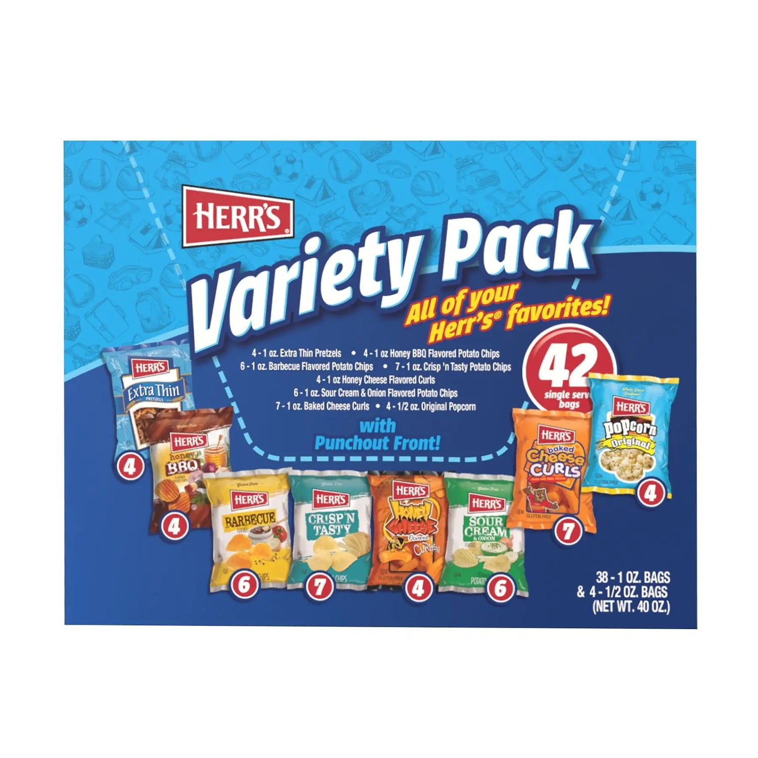 HERR'S Pack & Snack Variety Pack (42-Pack) | Bite-Sized Chip Assortment Herr's