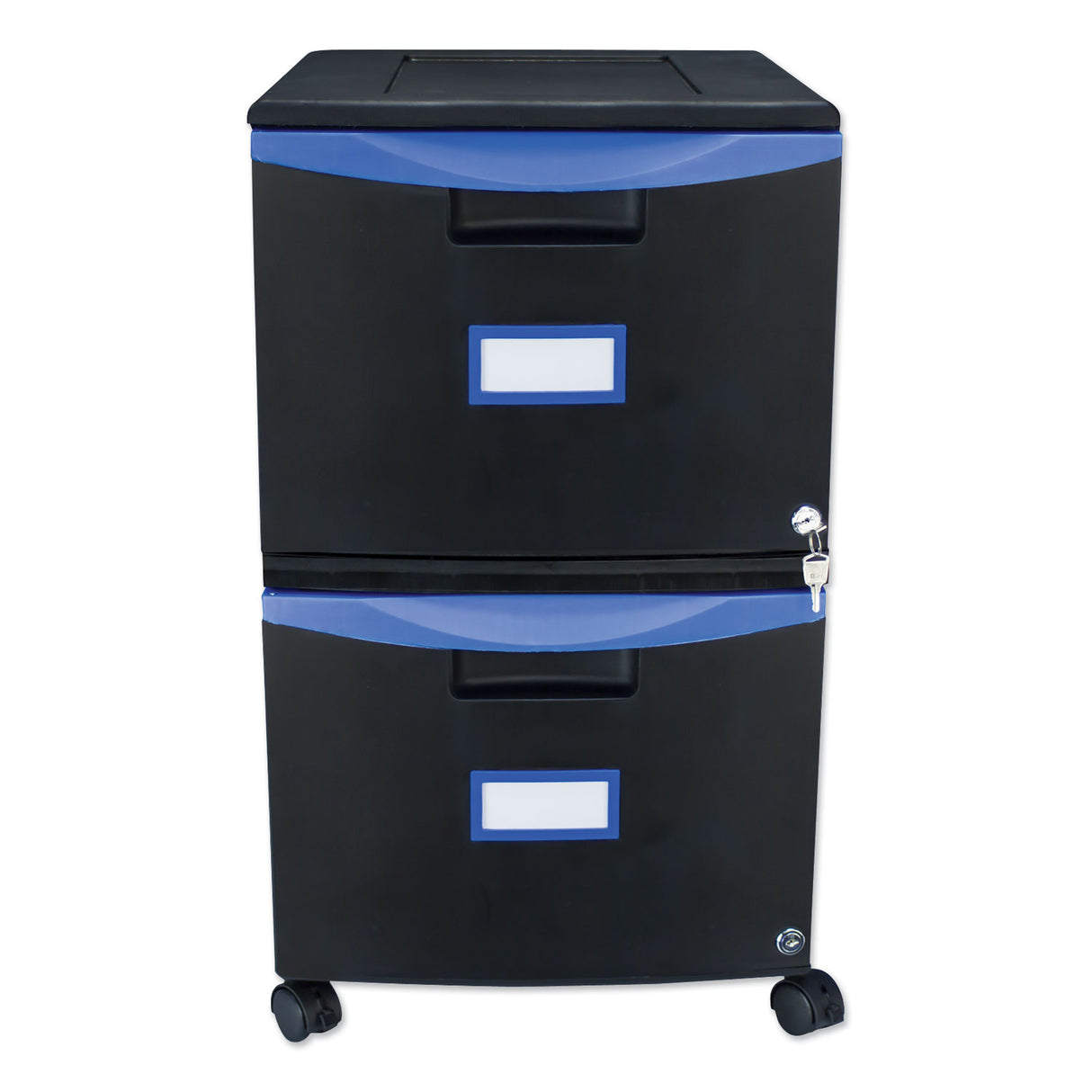 Storex Two-Drawer Mobile Filing Cabinet, 2 Legal/Letter-Size File Drawers, Black/Blue, 14.75" x 18.25" x 26" (61314U01C)