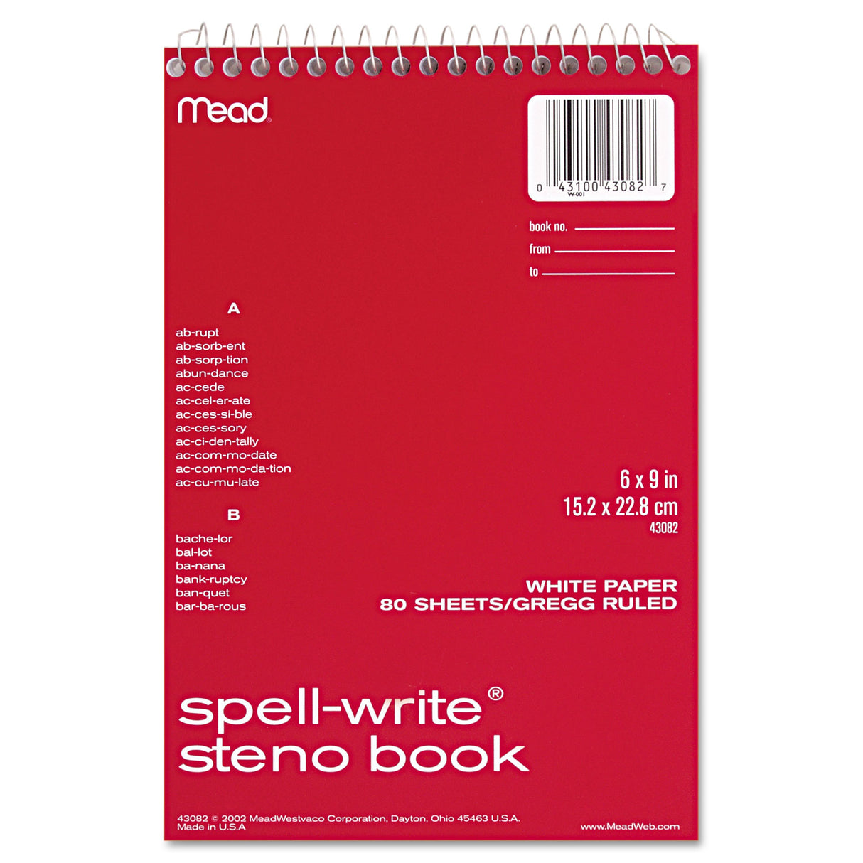 Mead Spell-Write Wirebound Steno Pad, Gregg Rule, Randomly Assorted Cover Colors, 80 White 6 x 9 Sheets (43082)