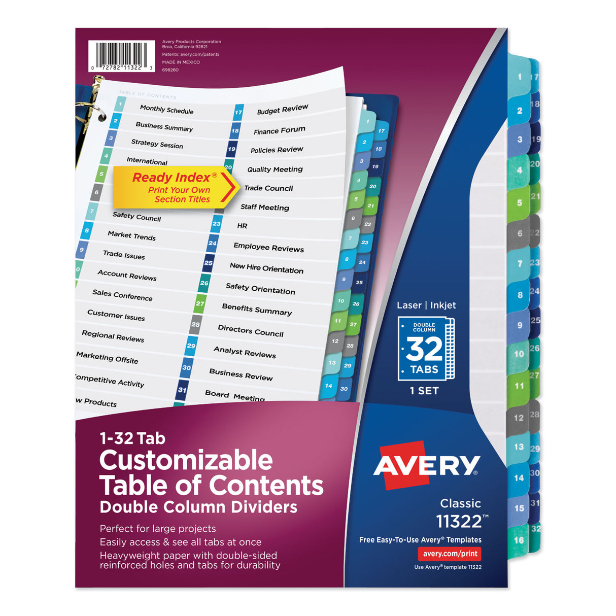 Avery Customizable TOC Ready Index Double Column Multicolor Tab Dividers, 32-Tab, 1 to 32, 11 x 8.5, White, 1 Set (11322)