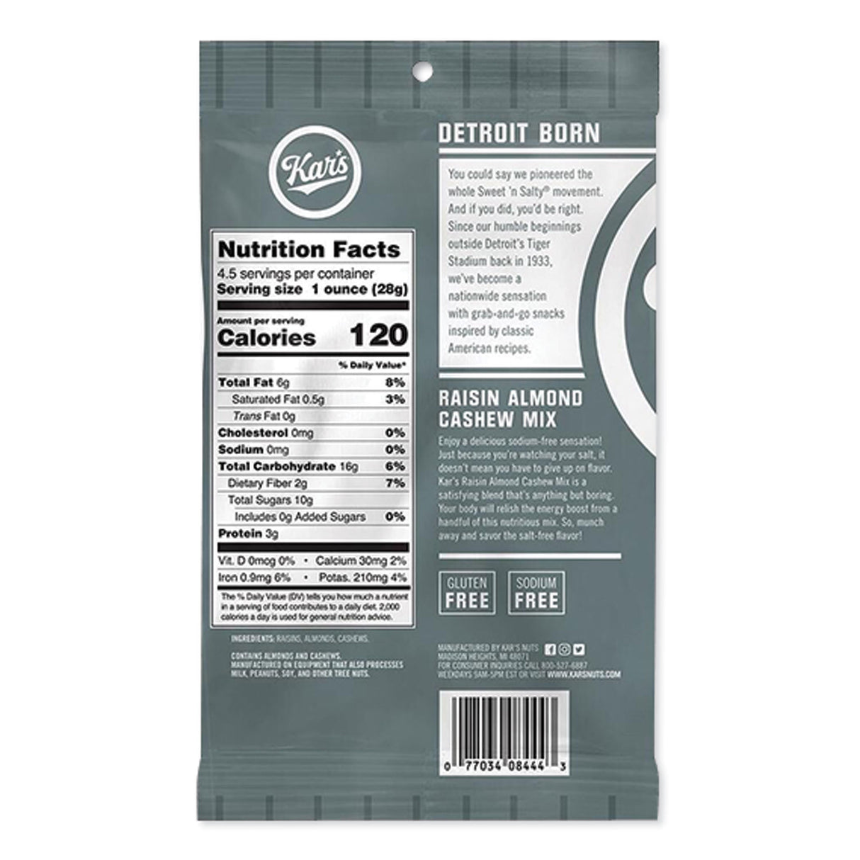 Kar's Fresh Harvest Trail Mix, Raisin Almond Cashew, 4.5 oz Bag, 12/Box (08444)