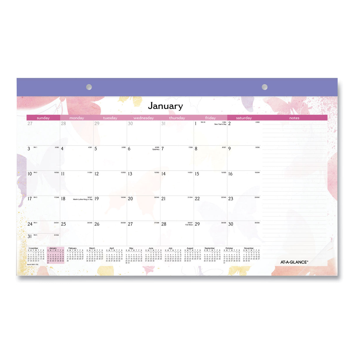 AT-A-GLANCE Watercolors Monthly Desk Pad Calendar, Butterfly Artwork, 17.75 x 11, White Sheets, Purple Binding, 12-Month (Jan-Dec): 2025 (SK91705)