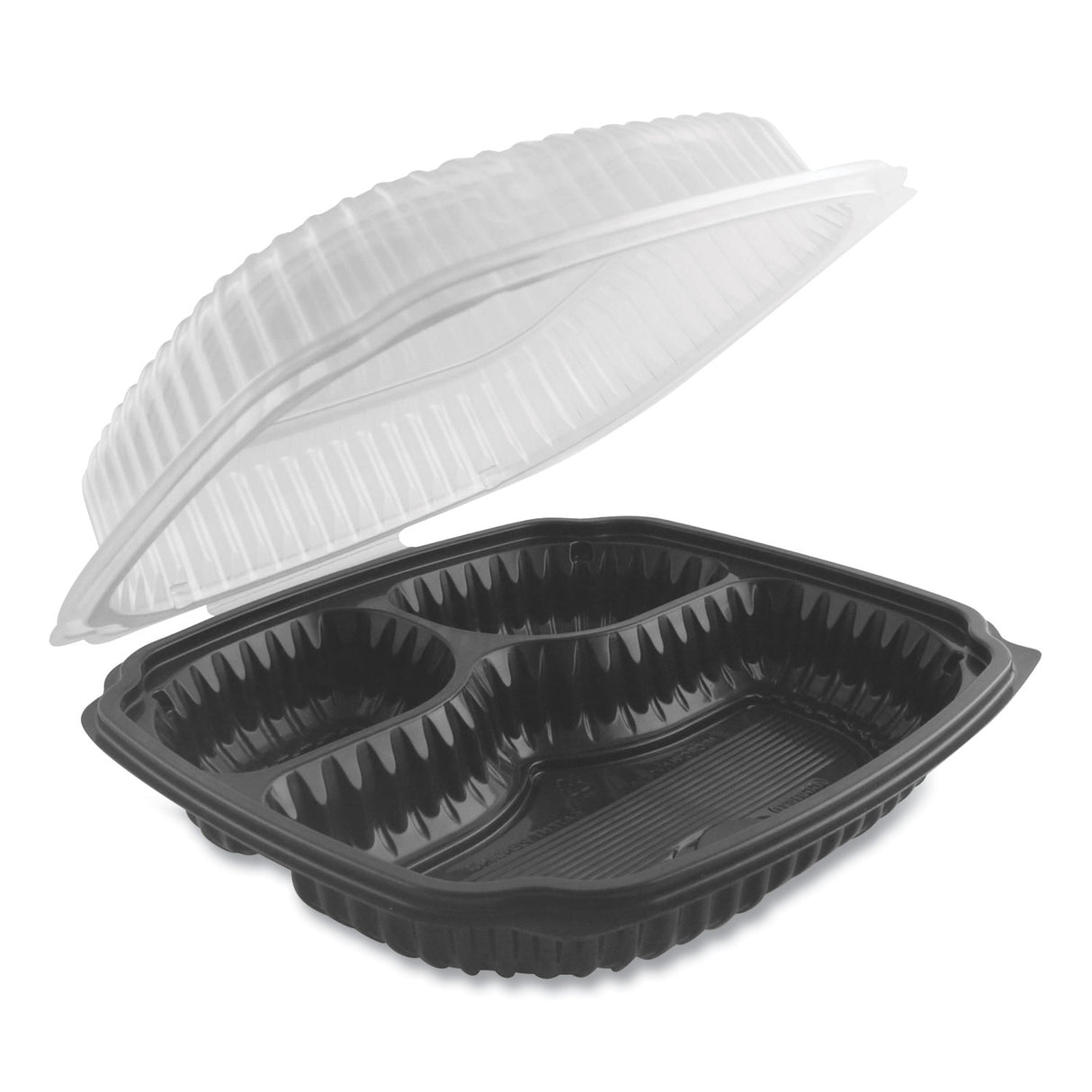 Anchor Packaging Culinary Lites Microwavable 3-Compartment Container, 26 oz/7 oz/7 oz, 10.56 x 9.98 x 3.19, Clear/Black, Plastic, 100/Carton (4699631)