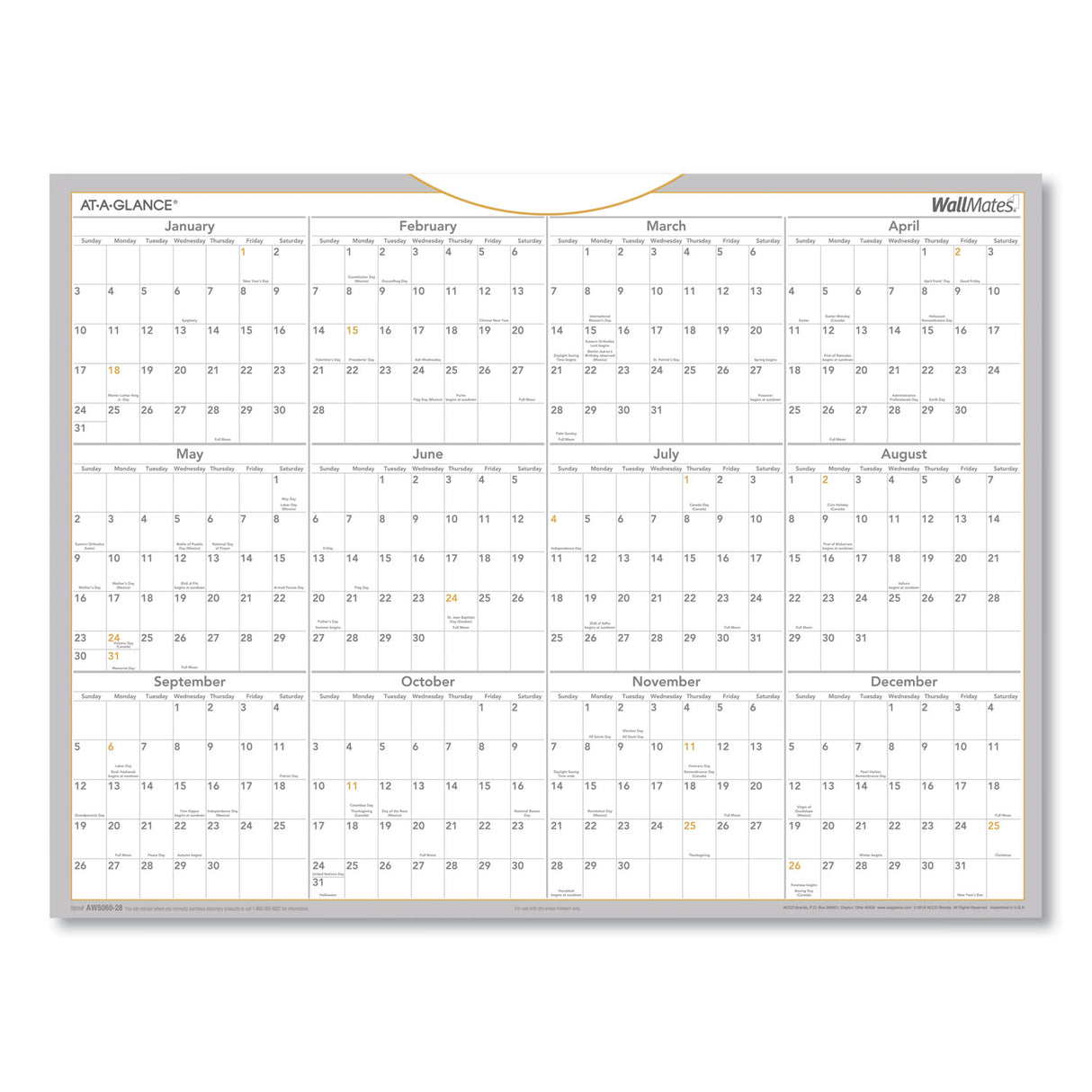 AT-A-GLANCE WallMates Self-Adhesive Dry Erase Yearly Planning Surfaces, 24 x 18, White/Gray/Orange Sheets, 12-Month (Jan to Dec): 2025 (AW506028)