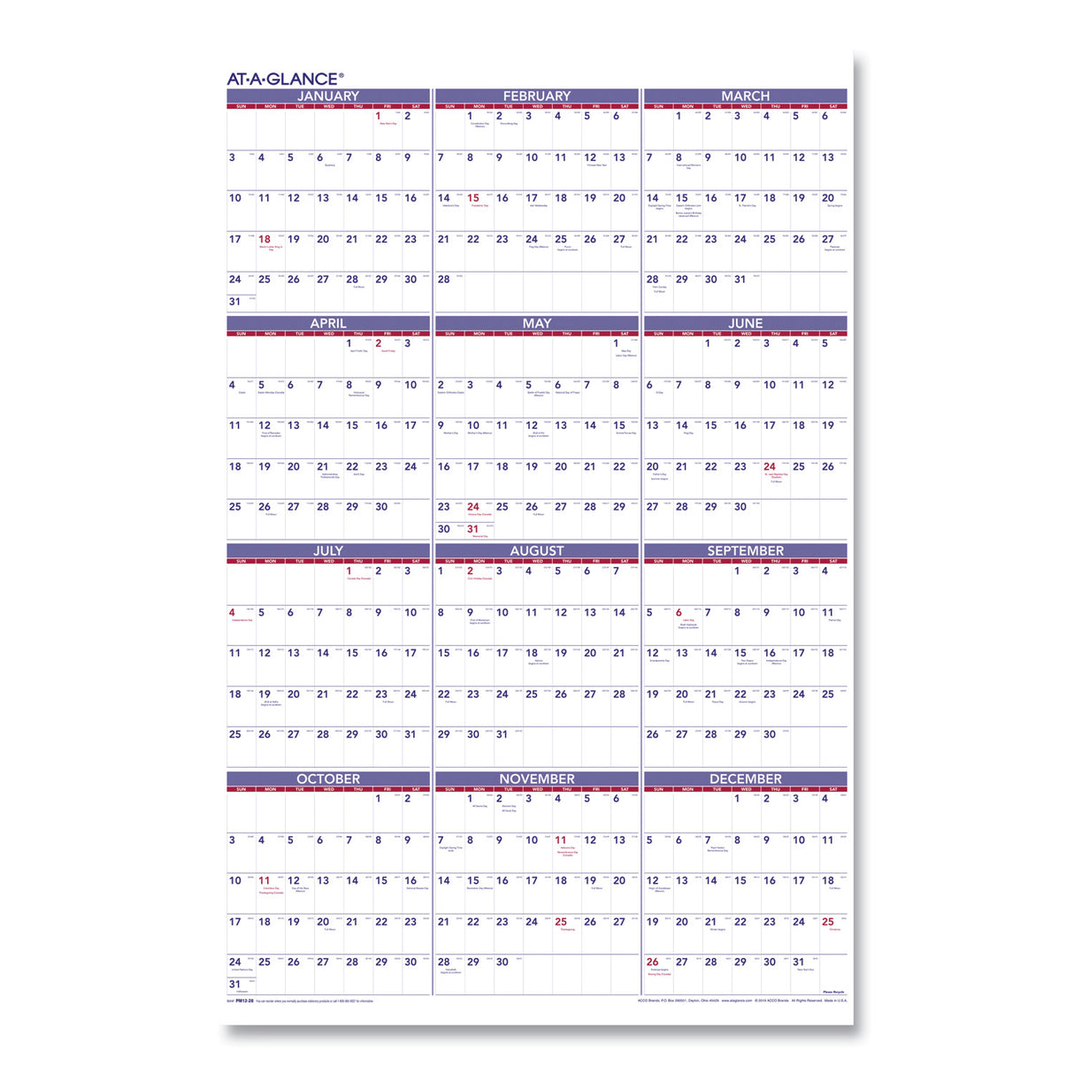 AT-A-GLANCE Yearly Wall Calendar, 24 x 36, White Sheets, 12-Month (Jan to Dec): 2025 (PM1228)