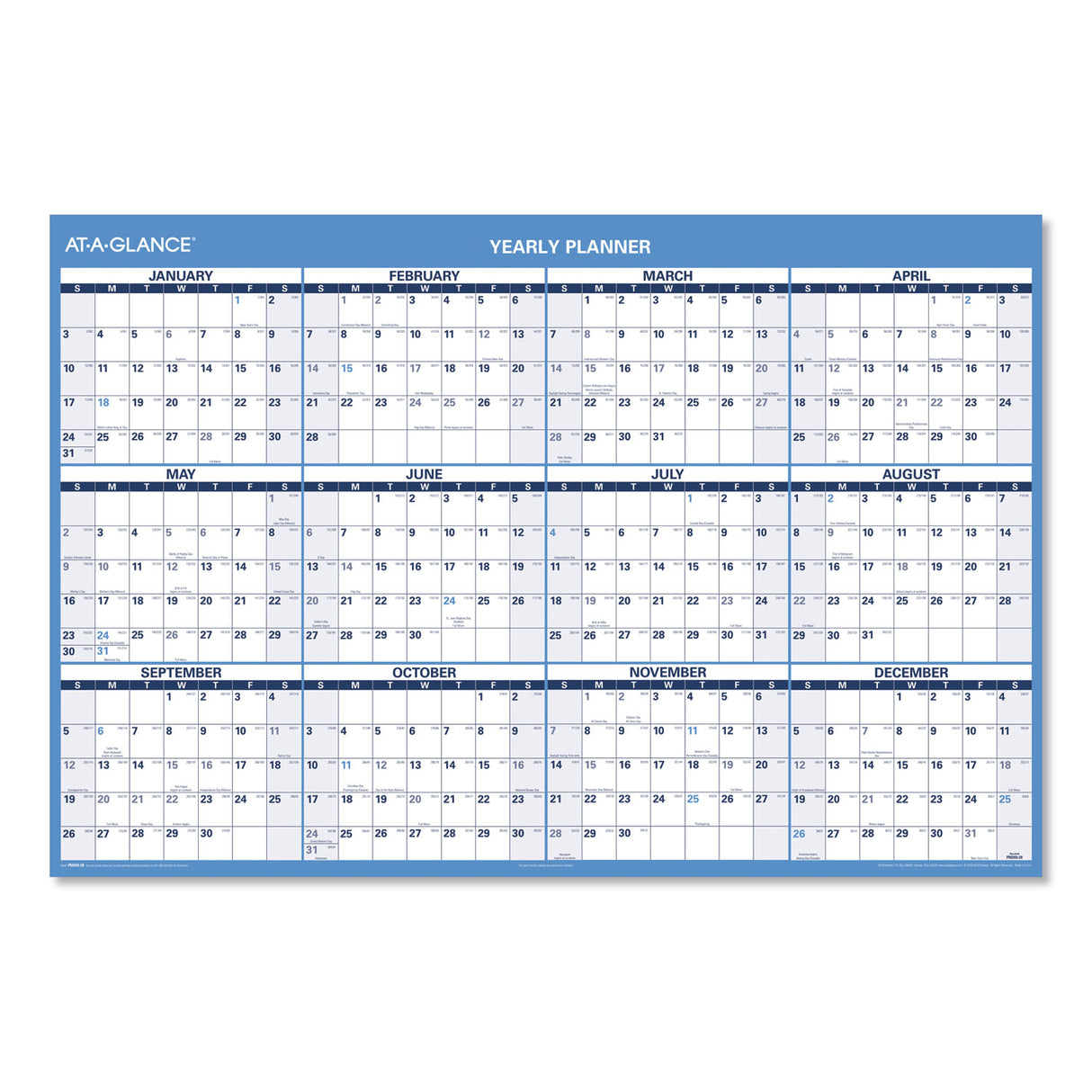 AT-A-GLANCE Horizontal Reversible/Erasable Wall Planner, 48 x 32, White/Blue Sheets, 12-Month (Jan to Dec): 2025 (PM30028)