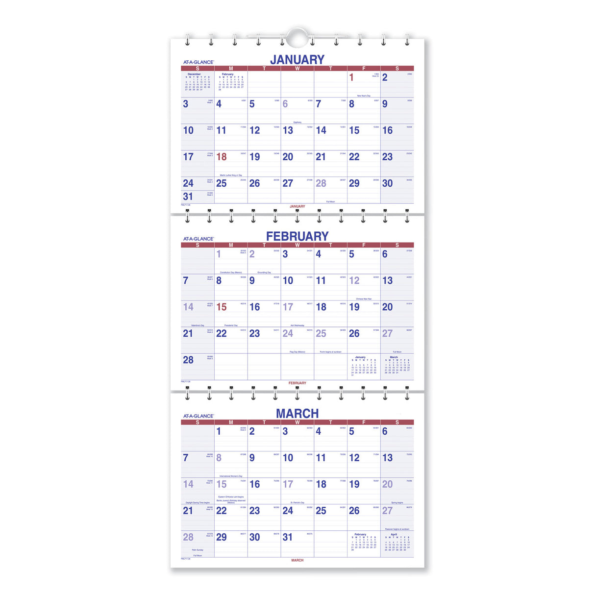 AT-A-GLANCE Move-A-Page Three-Month Wall Calendar, 12 x 27, White/Red/Blue Sheets, 15-Month: Dec 2024 to Feb 2026 (PMLF1128)
