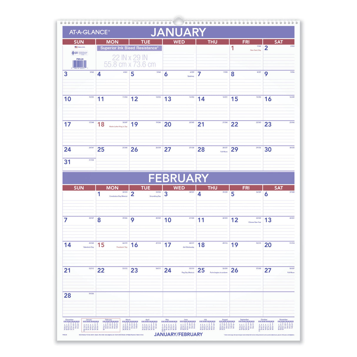 AT-A-GLANCE Two-Month Wall Calendar, 22 x 29, White/Blue/Red Sheets, 12-Month (Jan to Dec): 2025 (PM928)