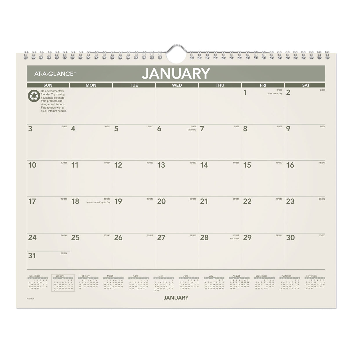 AT-A-GLANCE Recycled Wall Calendar, Unruled Blocks, 15 x 12, Sand/Green Sheets, 12-Month (Jan to Dec): 2025 (PMG7728)