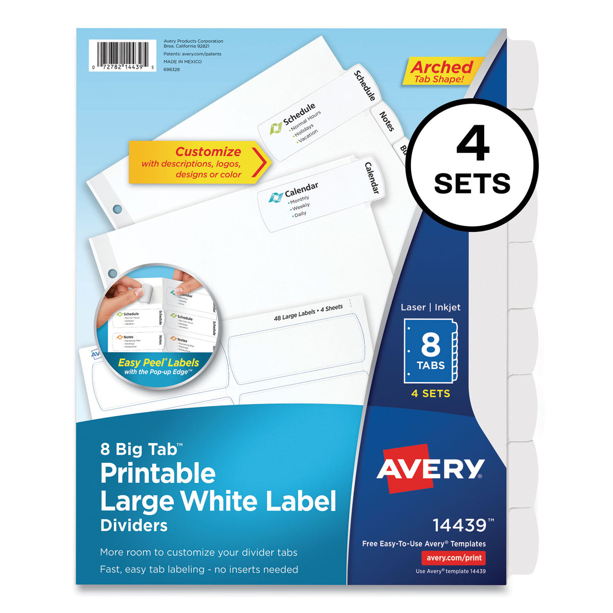 Avery Big Tab Printable Large White Label Tab Dividers, 8-Tab, 11 x 8.5, White, 4 Sets (14439)