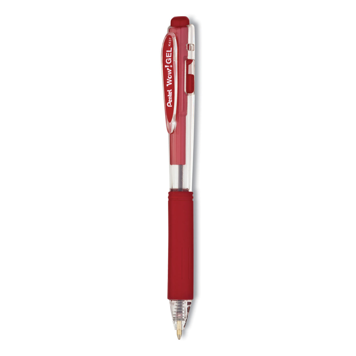 Pentel WOW! Gel Pen, Retractable, Medium 0.7 mm, Red Ink, Clear/Red Barrel, Dozen (K437B)