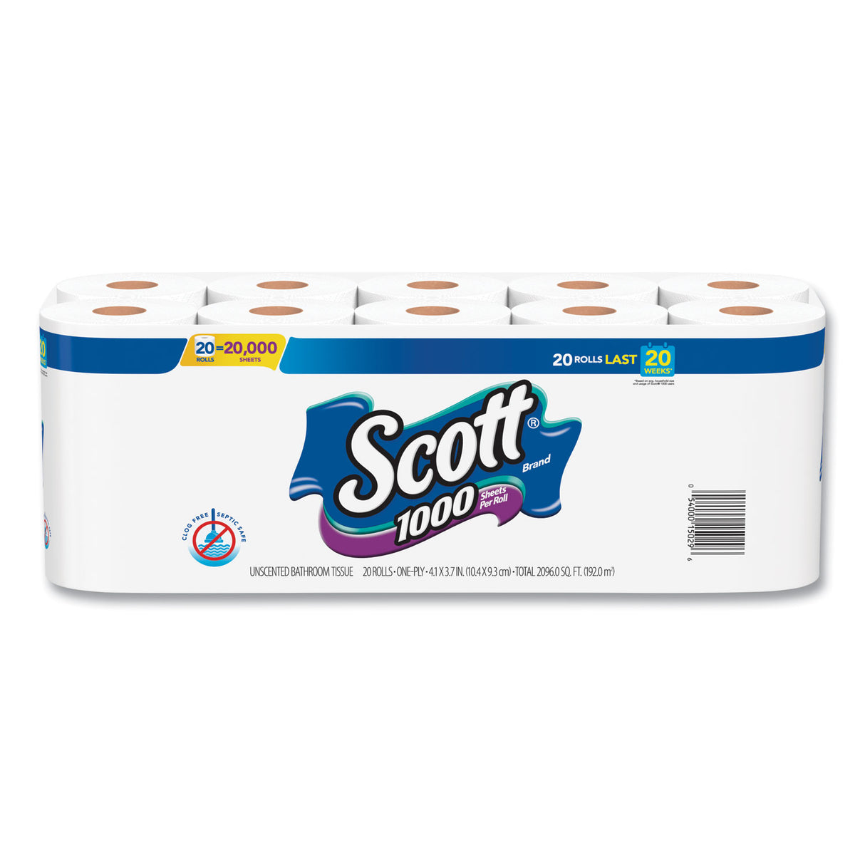 Scott Standard Roll Bathroom Tissue, Septic Safe, 1-Ply, White, 1,000 Sheets/Roll, 20/Pack, 2 Packs/Carton (20032CT)