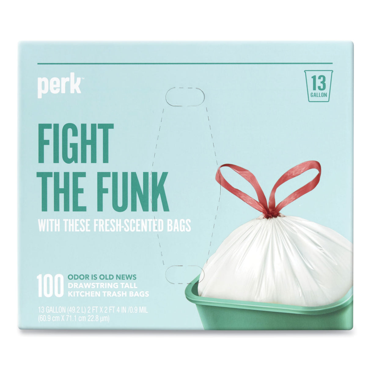 Perk Scented Drawstring Tall Kitchen Trash Bags, 13 gal, Fresh Scent, 28" x 24", White, 100/Box (24377880)