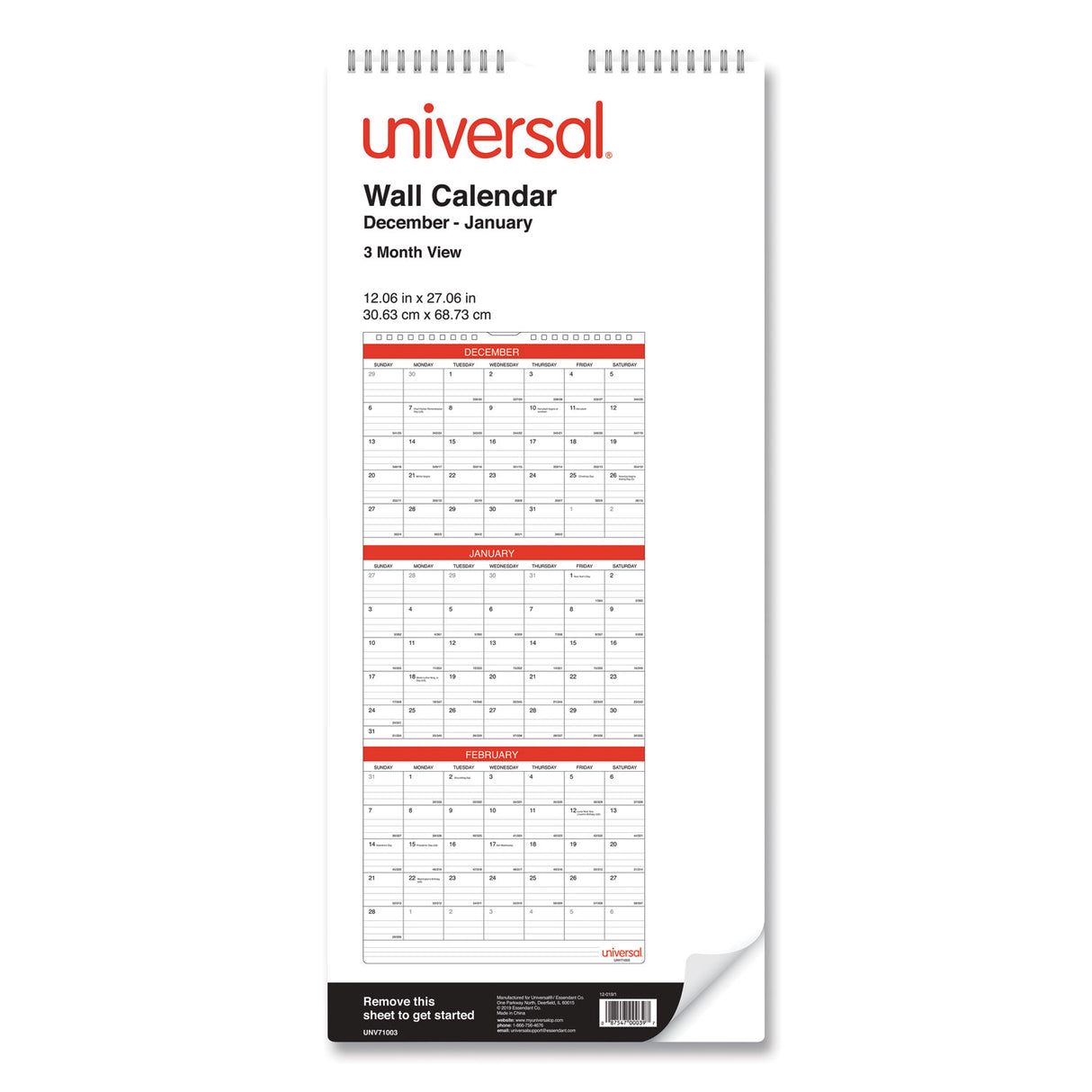 Universal Three-Month Wall Calendar, 12 x 27, White/Red Sheets, 14-Month: Dec 2024 to Jan 2026 (UNV71003)