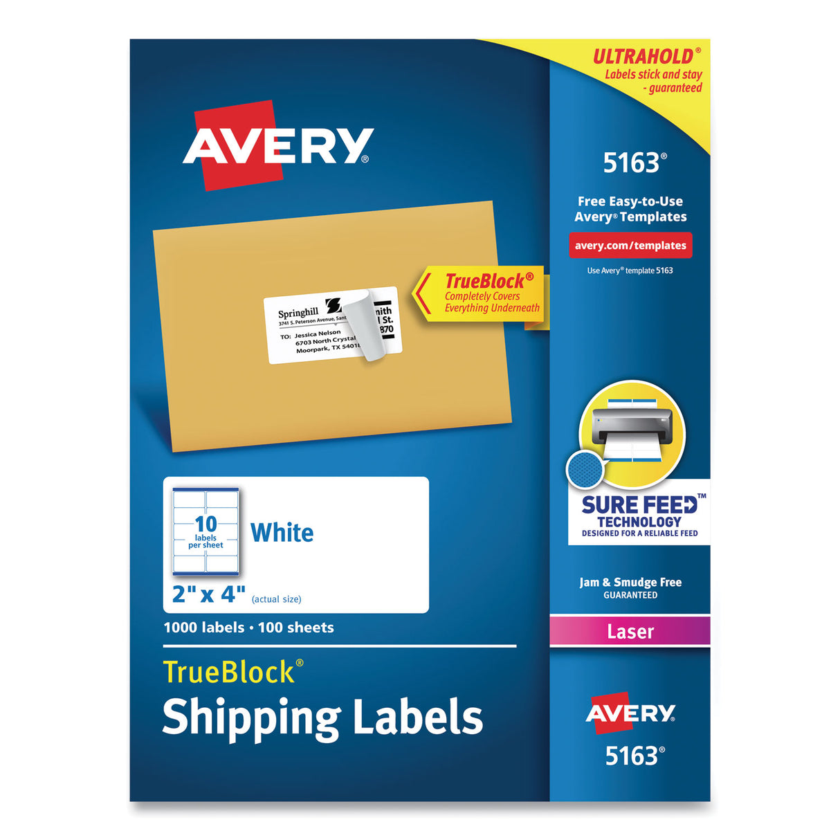 Avery Shipping Labels w/ TrueBlock Technology, Laser Printers, 2 x 4, White, 10/Sheet, 100 Sheets/Box (5163)