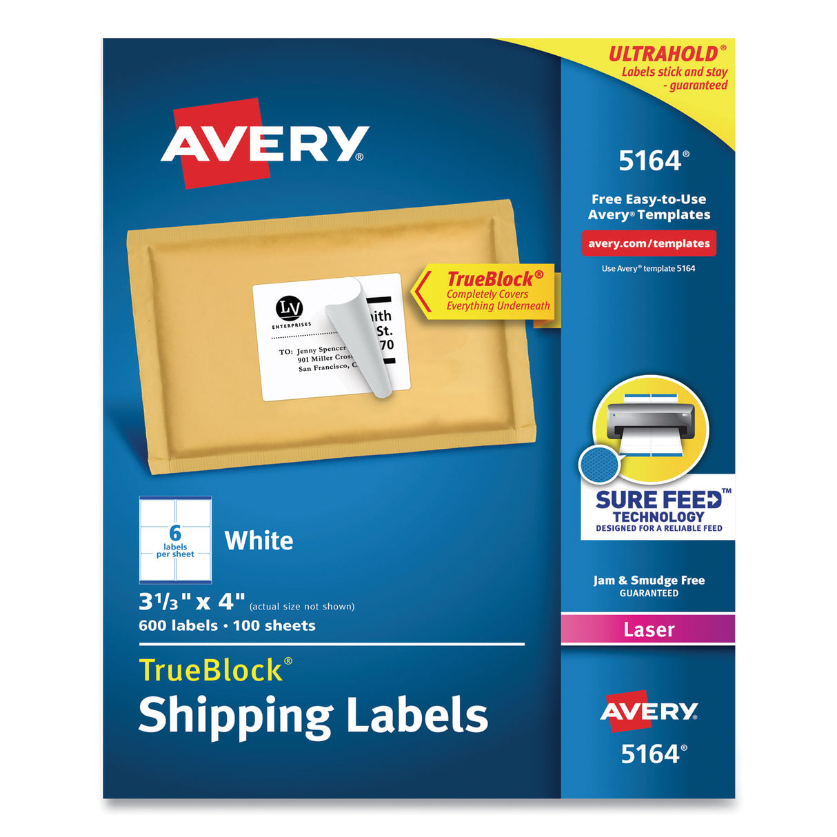 Avery Shipping Labels w/ TrueBlock Technology, Laser Printers, 3.33 x 4, White, 6/Sheet, 100 Sheets/Box (5164)