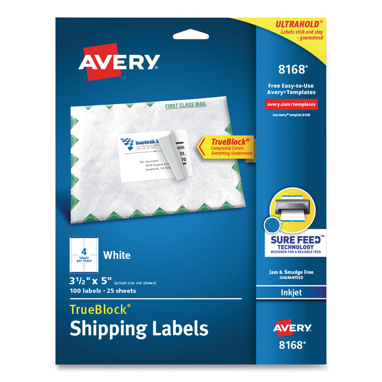 Avery Shipping Labels w/ TrueBlock Technology, Inkjet Printers, 3.5 x 5, White, 4/Sheet, 25 Sheets/Pack (8168)